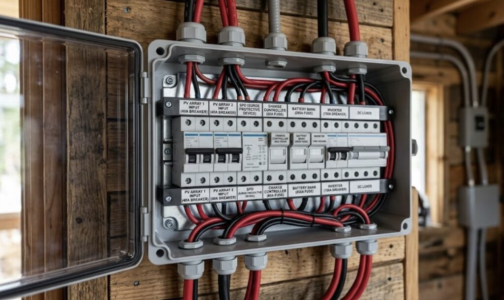 Fuse and circuit breaker placement points according to a safe 24V solar system wiring diagram.