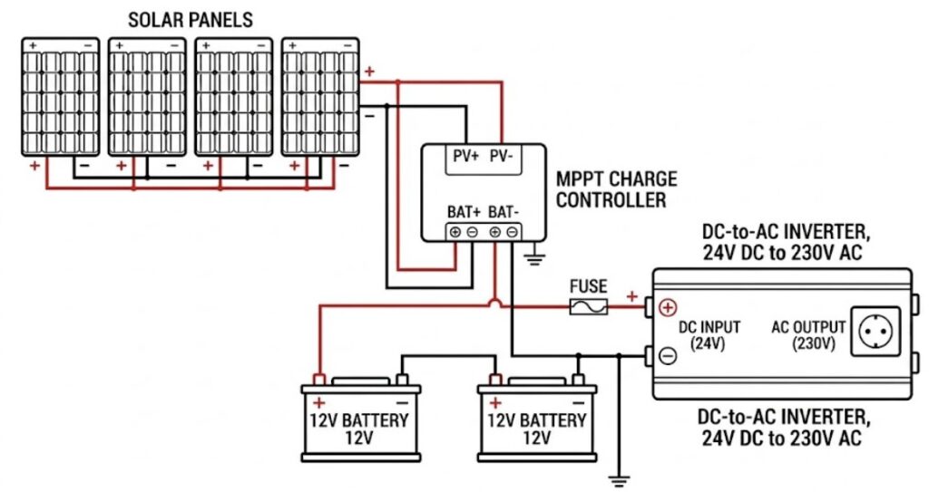 Detailed 2D schematic of a 24V solar system wiring diagram for DIY off-grid cabin installations.