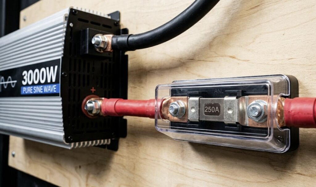 Inverter and battery protection detail featuring a 250A fuse in a 24V solar system wiring diagram.