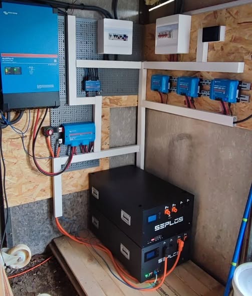 Off-grid solar power wall inside cabin utility closet