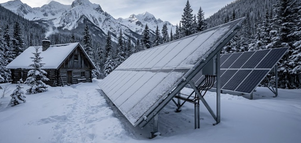 solar-panels-angled-steeply-for-winter-snow-shedding-on-small-cabin