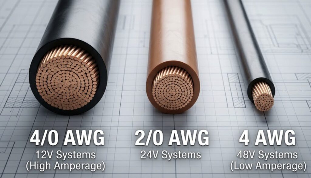 A side-by-side comparison chart of 4/0 AWG, 2/0 AWG, and 4 AWG copper cables with labels, visualizing how wire gauge dramatically decreases when moving from a 12V vs 24V vs 48V solar system to reduce line loss in off-grid cabins.