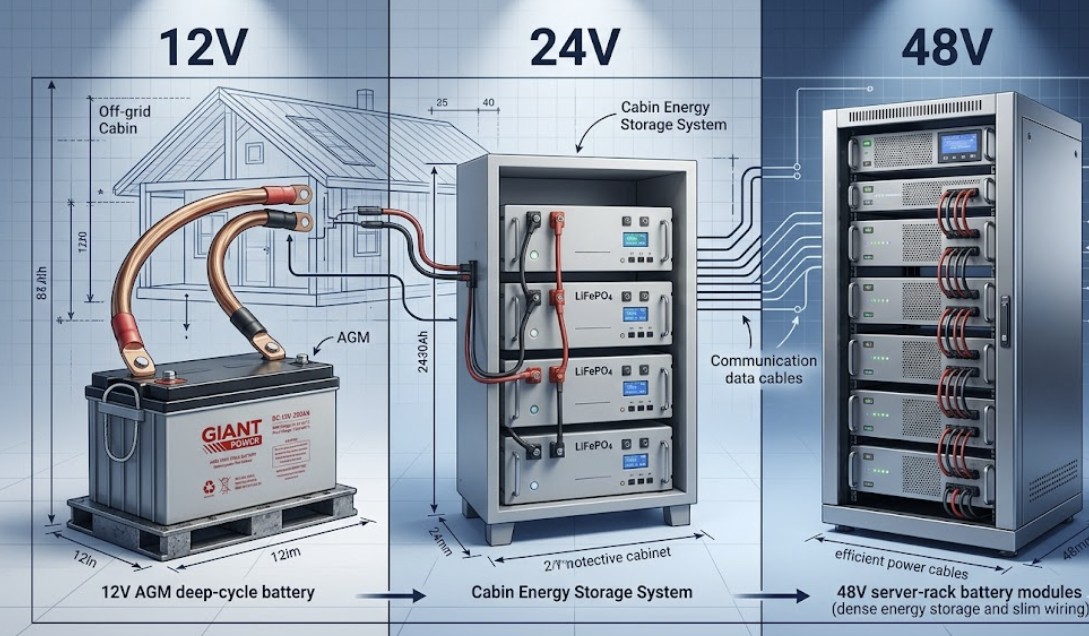 Detailed engineering comparison of 12V vs 24V vs 48V solar system configurations, showing battery banks and wire gauge differences for off-grid cabins in 2026.