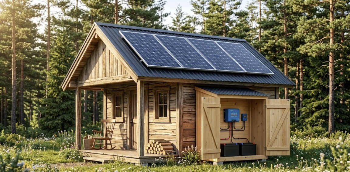 A professional DIY solar installation on a small wooden cabin, showing the best budget solar panels for off-grid cabin use combined with a battery storage system.