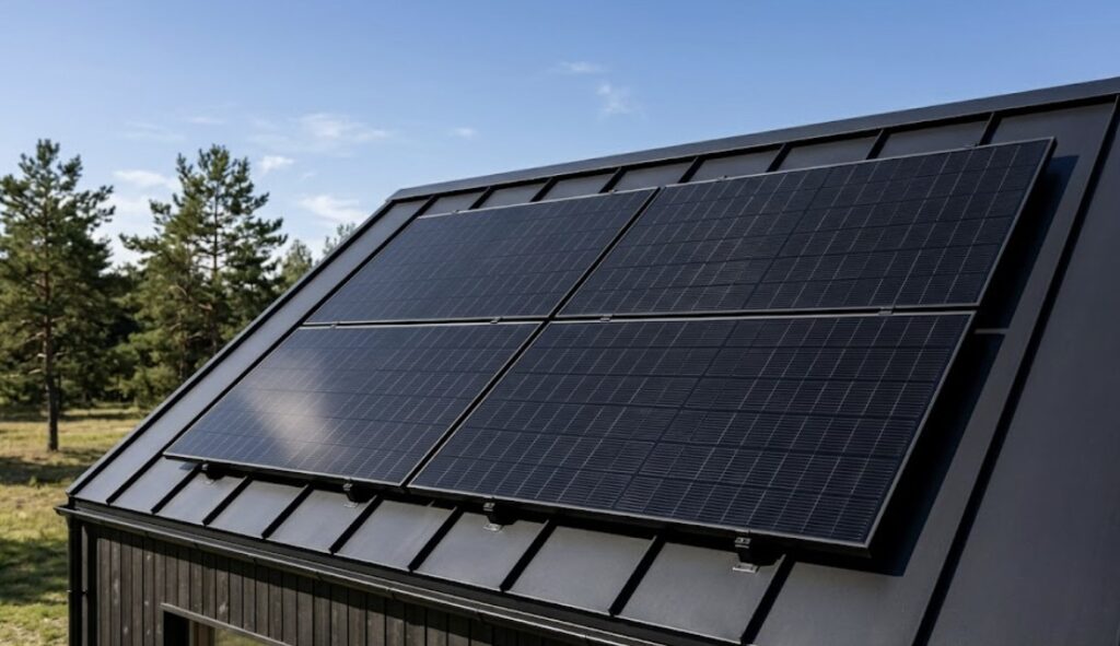Four sleek all-black 400W monocrystalline solar panels installed on a modern tiny house roof in a compact layout, demonstrating high-efficiency best solar panels for tiny house configurations in 2026.