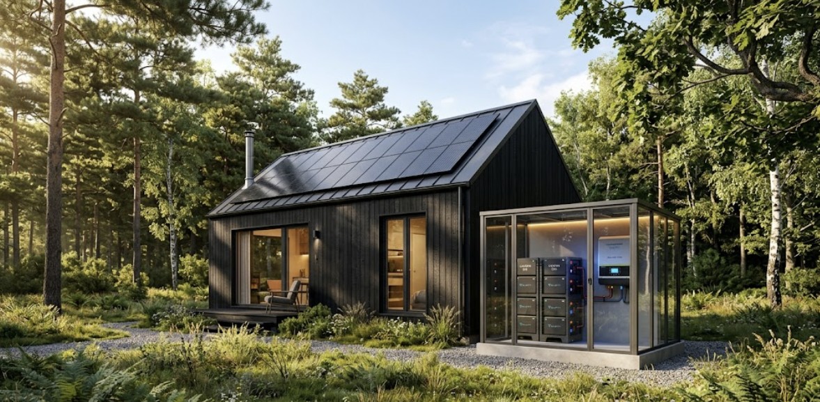 Modern tiny house with premium rooftop solar panels and a visible lithium battery storage system, illustrating the best solar panels for tiny house setups in 2026.