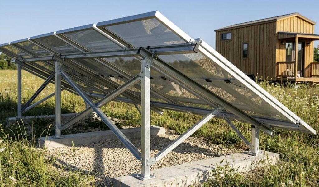 High-efficiency bifacial solar panels ground-mounted in a sun-drenched rural setting beside a wooden tiny house, representing advanced best solar panels for tiny house technology for 2026.