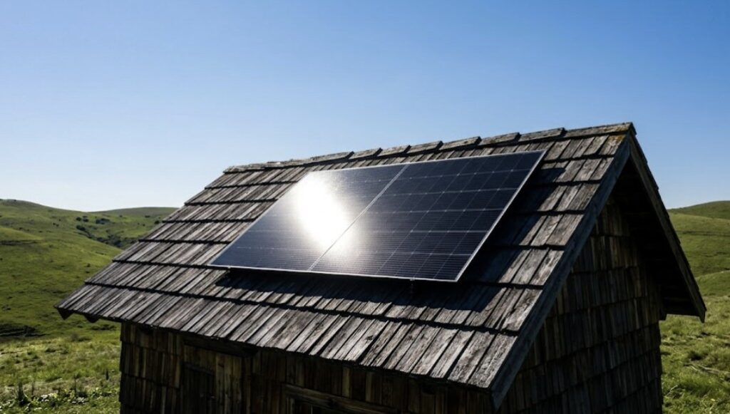 A detailed view of a Canadian Solar HiKu 400W black panel installed on a remote off-grid cabin roof, illustrating the best budget solar panels for off-grid cabin value.