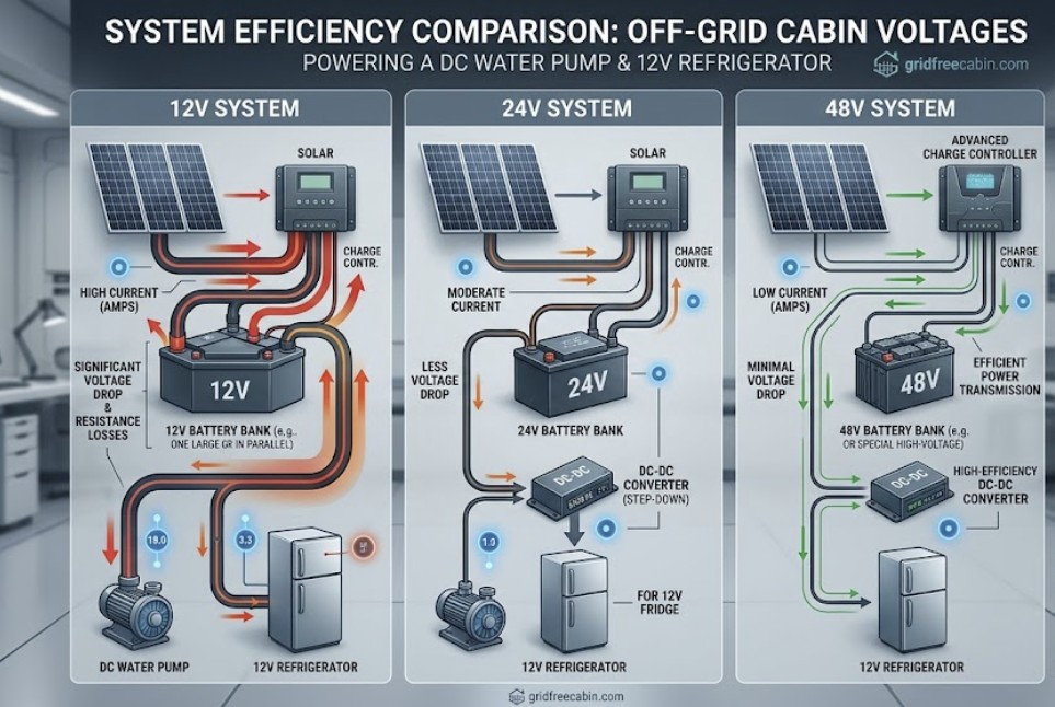 comparison-of-12v-24v-and-48v-efficiency-for-off-grid-cabin-pumps-and-appliances