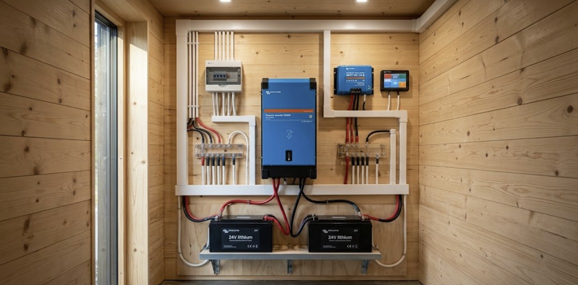 A professional off-grid cabin installation showing a complete 24V solar system wiring diagram setup with MPPT, batteries, and inverter.