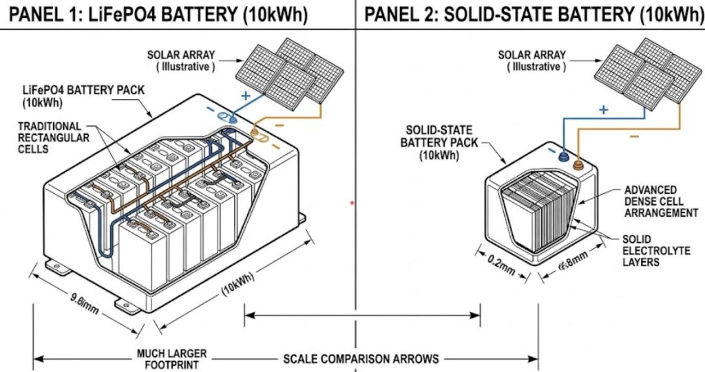 Technical diagram comparing the physical size of a 10kWh LiFePO4 battery pack and a 10kWh solid-state battery pack for solar, illustrating the difference in energy density between LiFePO4 vs solid state batteries for solar.