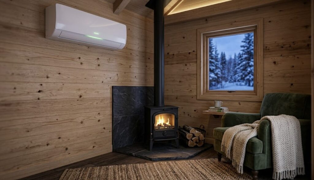 An interior view of a well-designed tiny home featuring an energy-efficient mini split mounted above a rustic cast-iron wood stove, representing how heating and cooling choices impact 400 sq ft cabin power consumption.