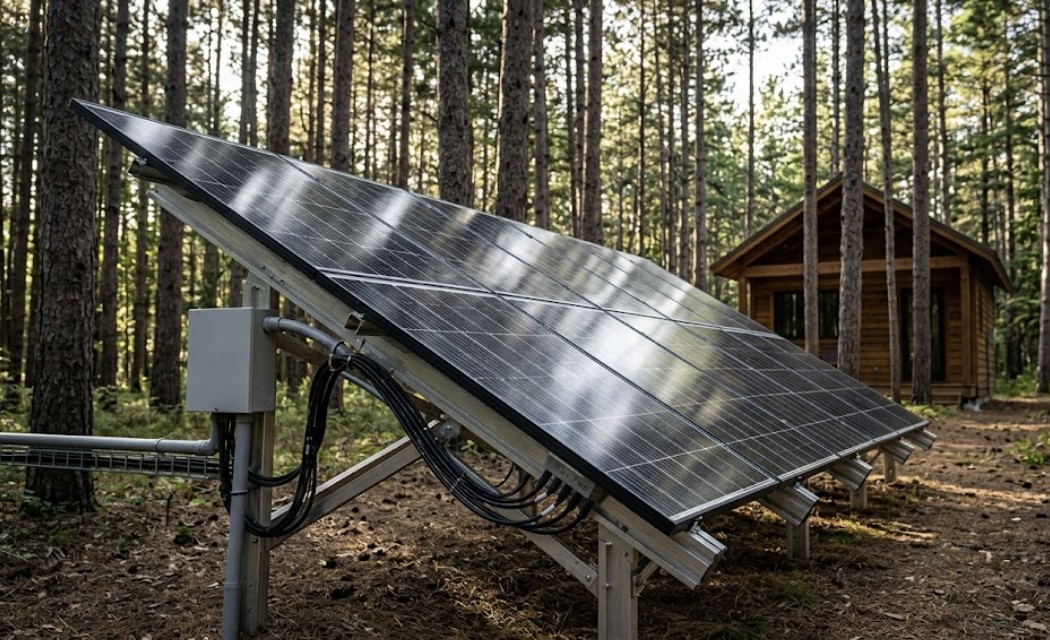 ground-mounted-solar-array-near-small-cabin-in-wooded-area