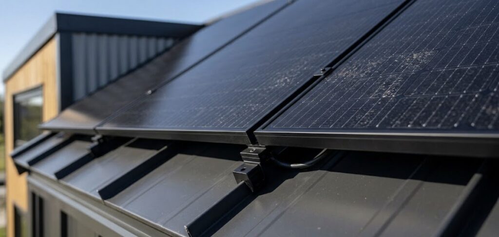Close-up view of premium high-efficiency monocrystalline solar panels professionally mounted on a compact tiny home roof, optimizing solar panels for tiny home cost and energy output.