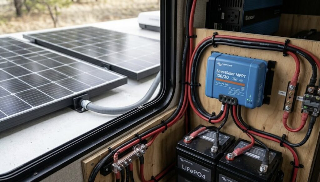 A hybrid solar system combining black Renogy panels with a blue Victron SmartSolar MPPT charge controller in an RV setup, demonstrating versatile integration options for Victron vs Renogy charge controllers.