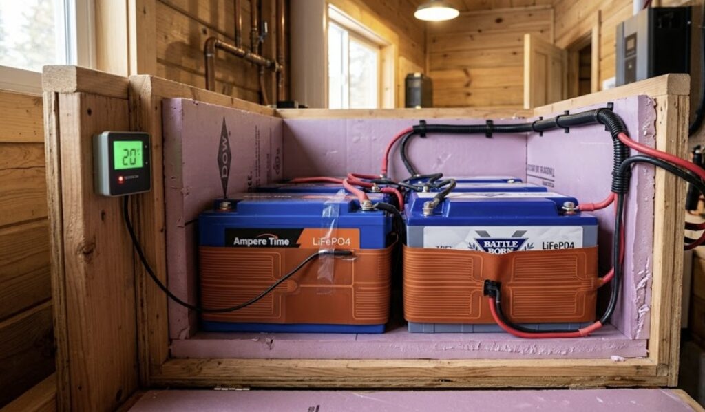 A DIY insulated and heated lithium battery enclosure with a thermostat and heating pads installed, designed to protect batteries for winter solar charging lithium batteries.