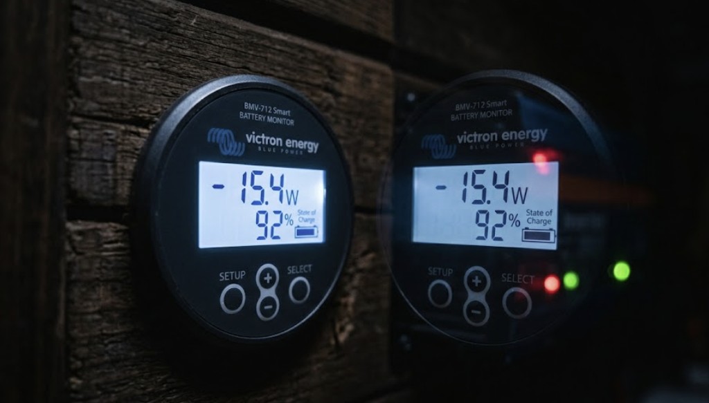 Digital battery monitor showing the overnight energy drain caused by inverter idle power consumption in a camper van or off-grid cabin.