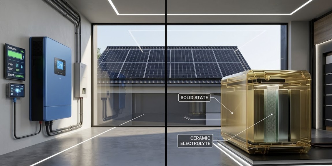 A side-by-side comparison of a modern LiFePO4 home battery system and a conceptual solid-state battery pack to illustrate LiFePO4 vs solid state batteries for solar.