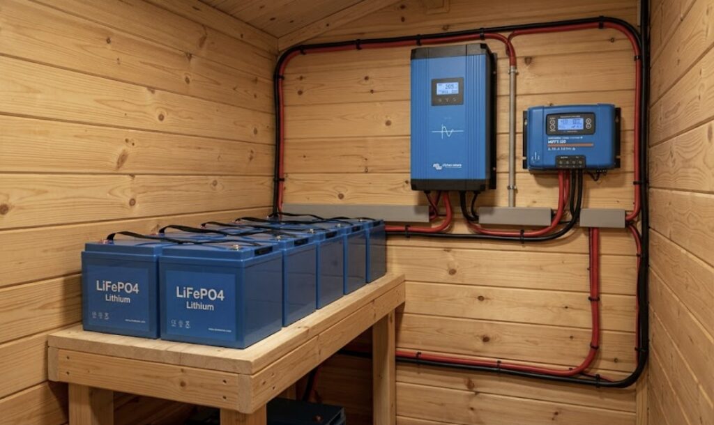 A complete off-grid power setup with a lithium battery bank, inverter, and charge controller inside a cabin utility room, supporting the best budget solar panels for off-grid cabin operation.