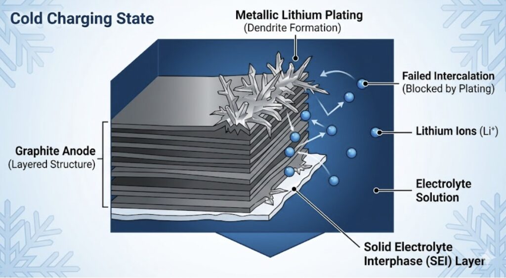 Microscopic diagram illustrating lithium plating on a graphite anode when charging a LiFePO4 battery below freezing, a major risk in winter solar charging lithium batteries.