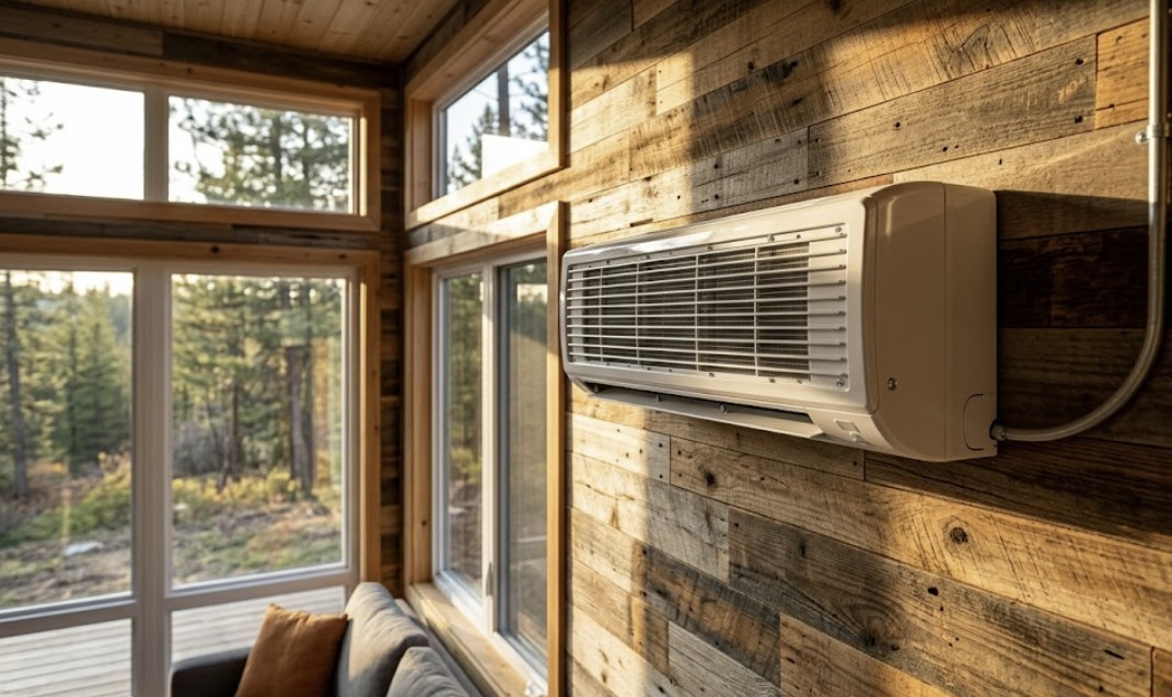 mini-split-heat-pump-installed-inside-a-small-400-sq-ft-off-grid-cabin-with-indoor-wall-unit-and-outdoor-compressor
