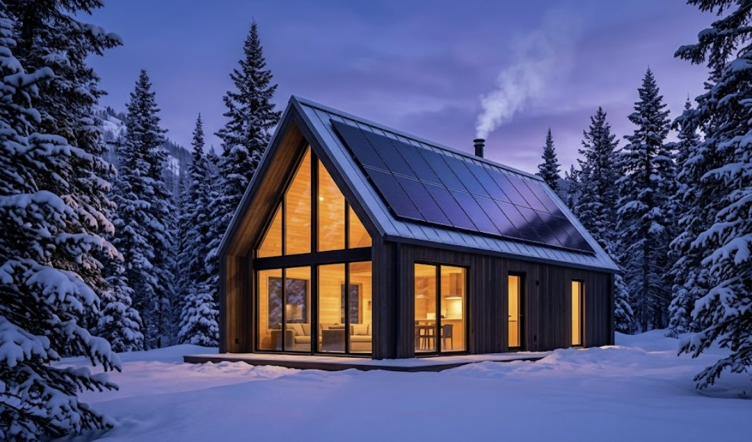 Architectural view of a modern 400 sq ft off-grid cabin with solar panels, representing the basis for power consumption and load calculations.