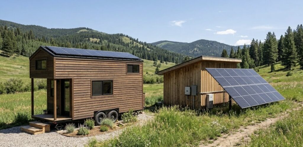 A modern tiny house with rooftop solar panels contrasting a neighboring minimalist cabin using a ground-mounted solar array. Visual comparison for solar panels for tiny home cost breakdown.