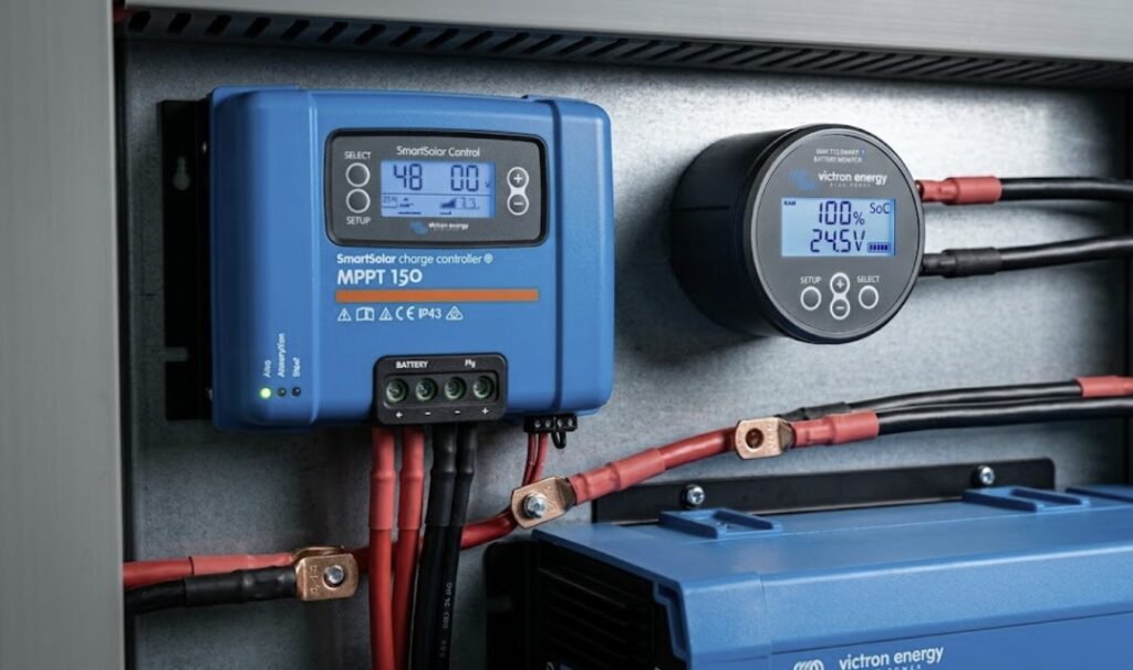Close-up view of an MPPT charge controller mounted with a battery monitor and inverter for precise power management, enhancing the efficiency of budget solar panels for off-grid cabin use.
