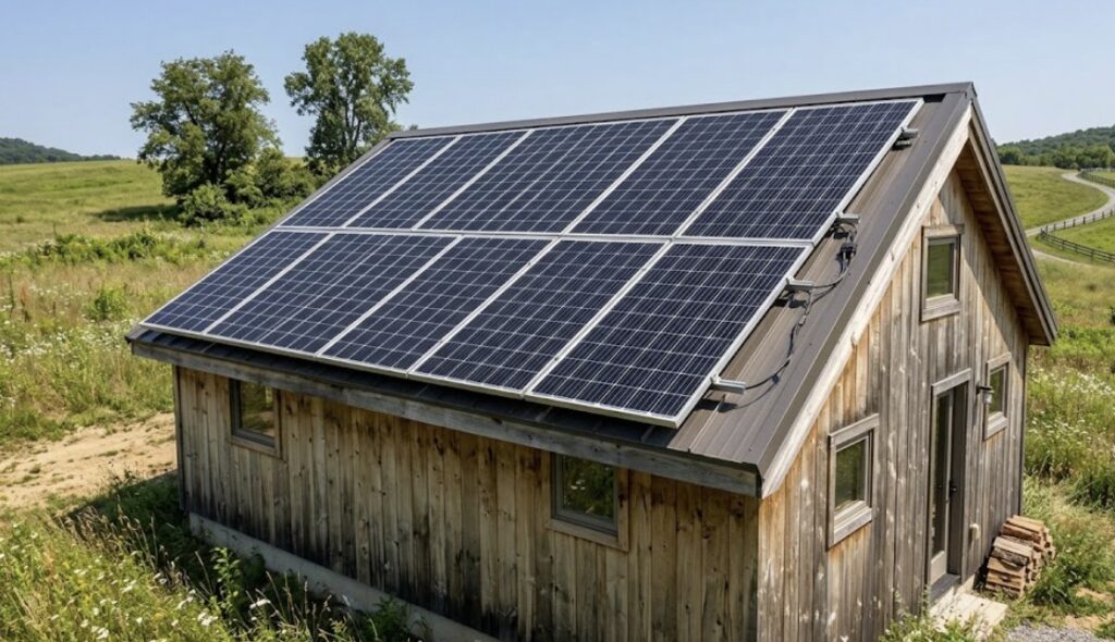 A practical installation of multiple small 100W solar panels arranged on an off-grid tiny house roof, illustrating an alternative best solar panels for tiny house setup to maximize roof coverage.