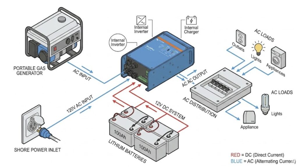 A technical flow diagram of an off-grid inverter charger system integrating generator power, shore power, and battery storage.