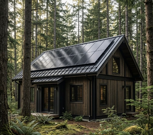 remote-cabin-with-hidden-solar-panels-mounted-on-small-woodshed