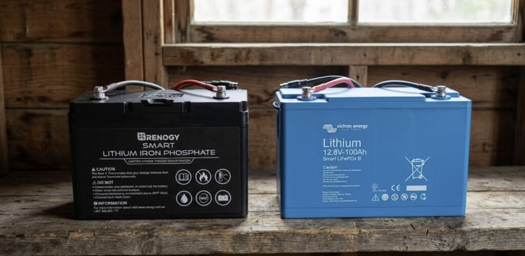 Physical comparison between a black Renogy lithium battery and a blue Victron lithium battery.