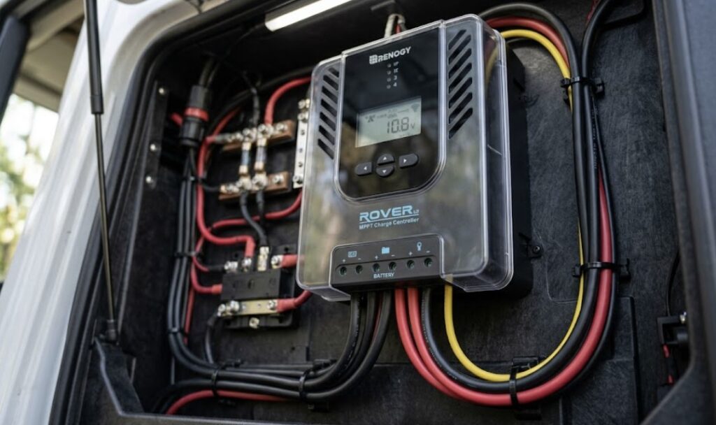 A Renogy Rover MPPT controller installed in a camper van system, showing its plastic housing and fan vents, a visual example of build quality in the Victron vs Renogy charge controllers comparison.