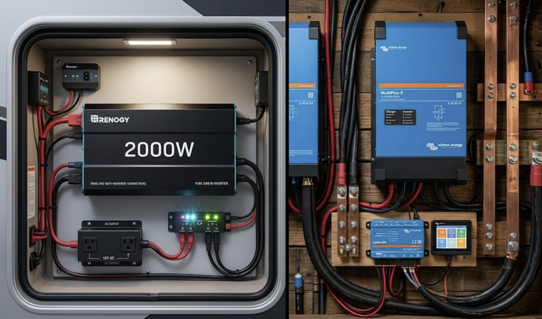 A professional Renogy vs Victron inverter comparison showing a Renogy 2000W pure sine wave inverter and a Victron MultiPlus-II installed in off-grid solar power systems.
