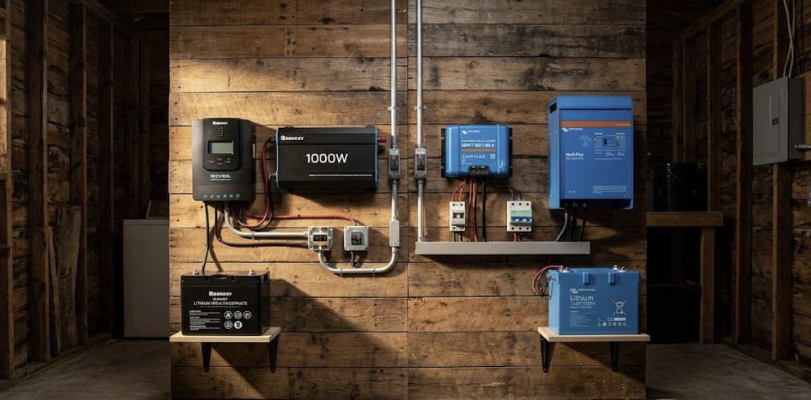 Side-by-side comparison of a Renogy solar system and a Victron solar system in an off-grid cabin.