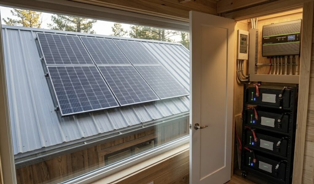 roof-mounted-7-solar-panels-on-tiny-cabin-with-battery-bank-inside-utility-closet