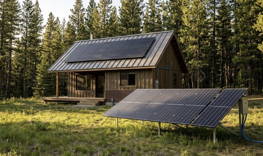 400-sq-ft-cabin-power-needs-with-solar-panels-on-roof-and-ground-mounted-solar-array-in-forest-setting