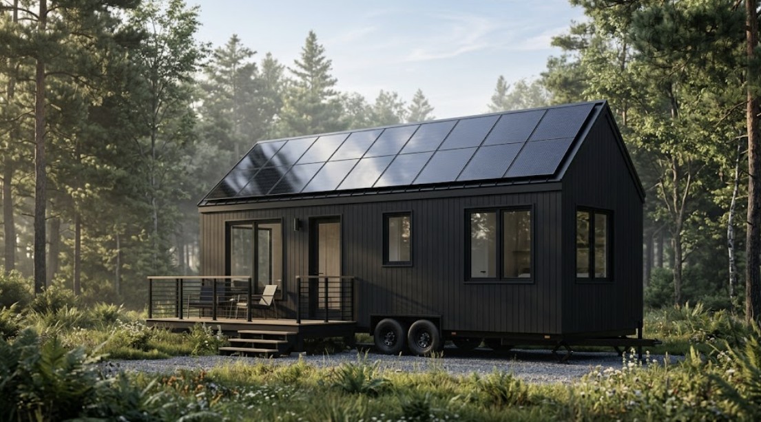 Modern black tiny home on wheels in a forest clearing, featuring a complete roof-mounted solar panel system. Visual representation of solar panels for tiny home cost calculations in 2026.