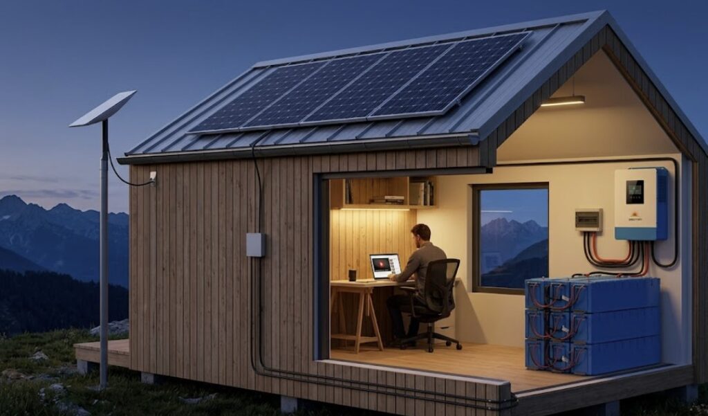 An architectural cutaway view showing solar panels powering an off-grid cabin with a Starlink dish on the roof and a lithium battery bank inside, visualizing Starlink power consumption for off-grid cabins.