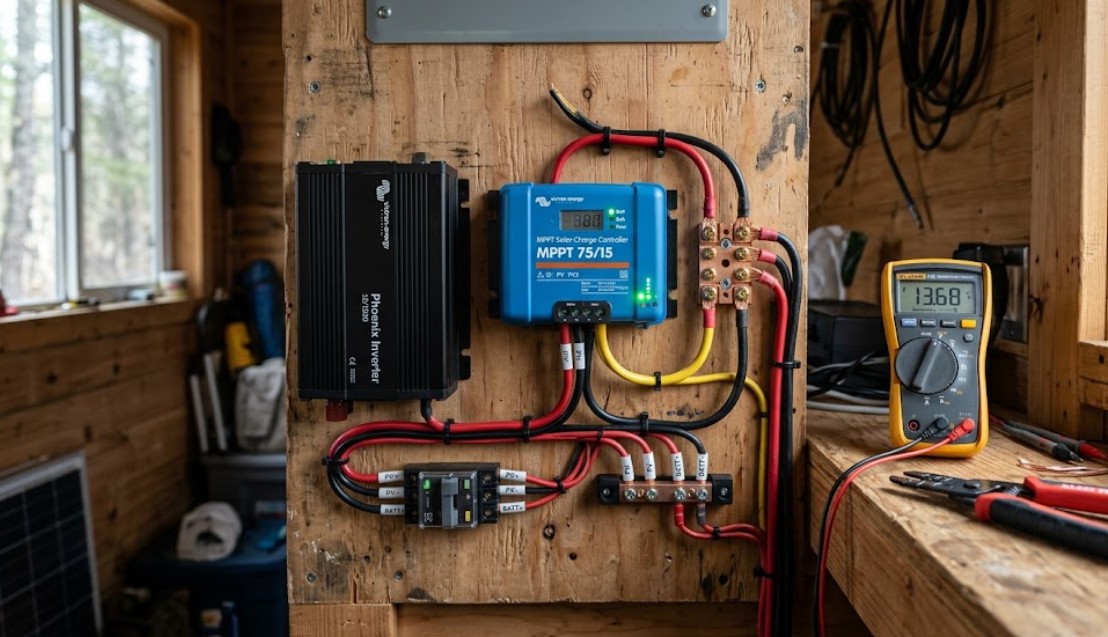 Compact off-grid solar setup for a micro cabin showing wiring, inverter, and battery storage.
