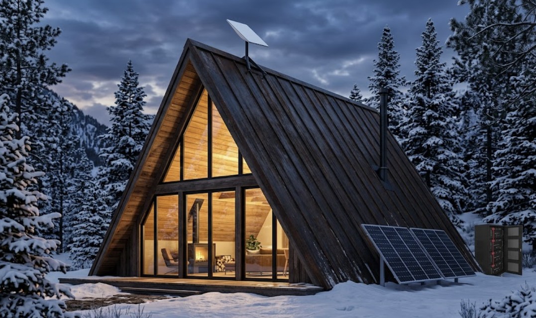 A professional installation of a Starlink dish and solar panels on a remote off-grid cabin roof, illustrating how to size a solar system for typical Starlink power consumption for off-grid cabins.
