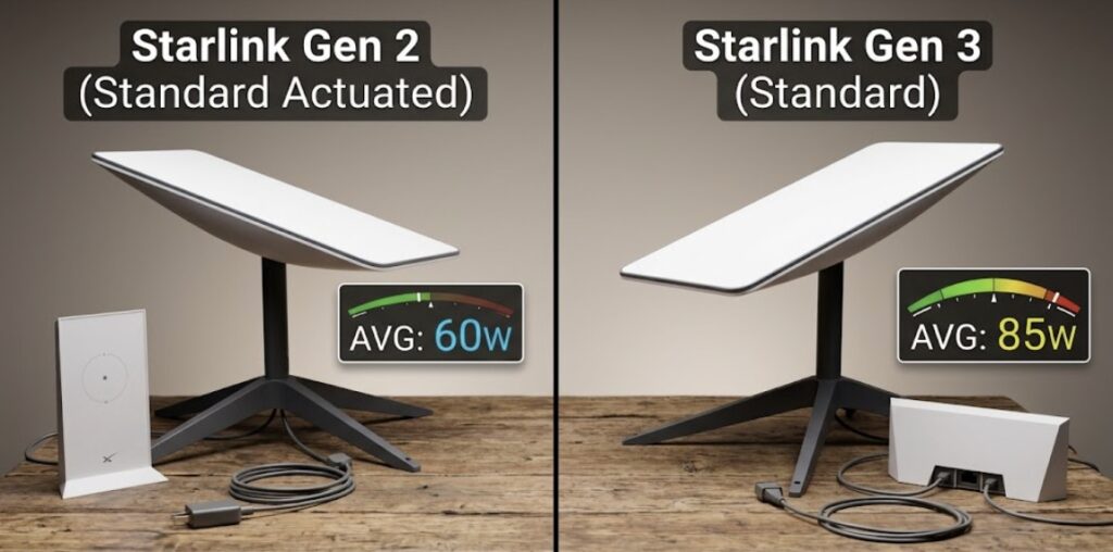A side-by-side technical comparison showing Gen 2 vs Gen 3 Starlink dishes with labeled wattage stats, helping users understand Starlink power consumption for off-grid cabins.