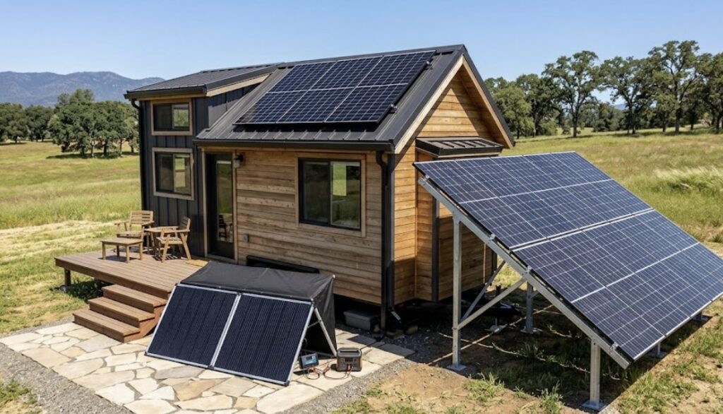 Off-grid tiny house displaying three solar configurations: rooftop panels, a ground-mounted array, and portable folding solar panels for versatile solar panels for tiny home cost planning.