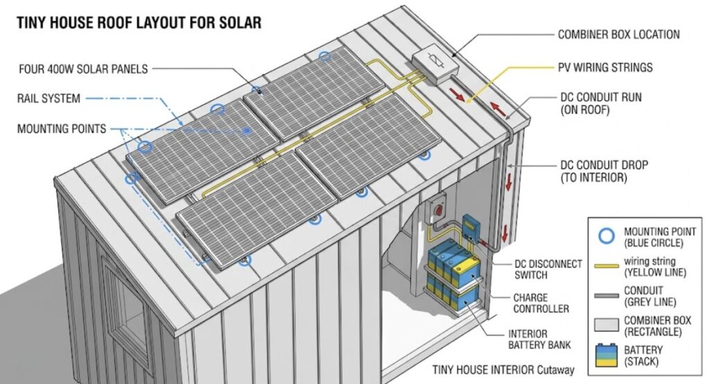 A clean architectural diagram illustrating a modern tiny house roof layout with optimized solar panel placement, a visual guide for selecting best solar panels for tiny house systems.
