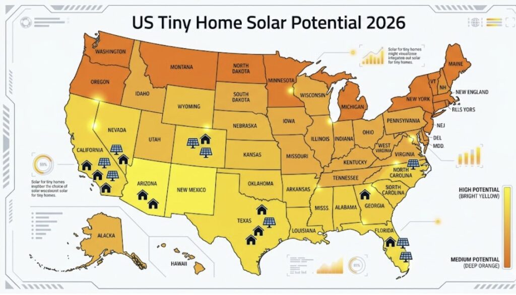 Infographic map of the United States showing color-coded solar potential zones to guide solar panels for tiny home cost and installation planning.