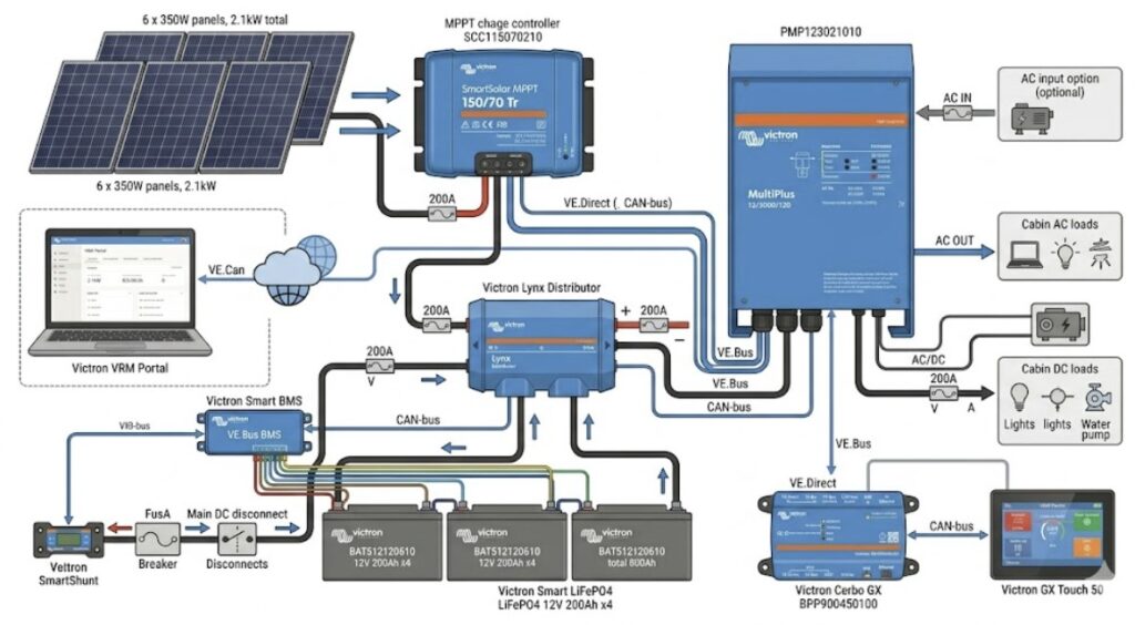 An architectural system diagram showing a complete Victron solar ecosystem, a visual reference for system design in the Victron vs Renogy charge controllers guide.