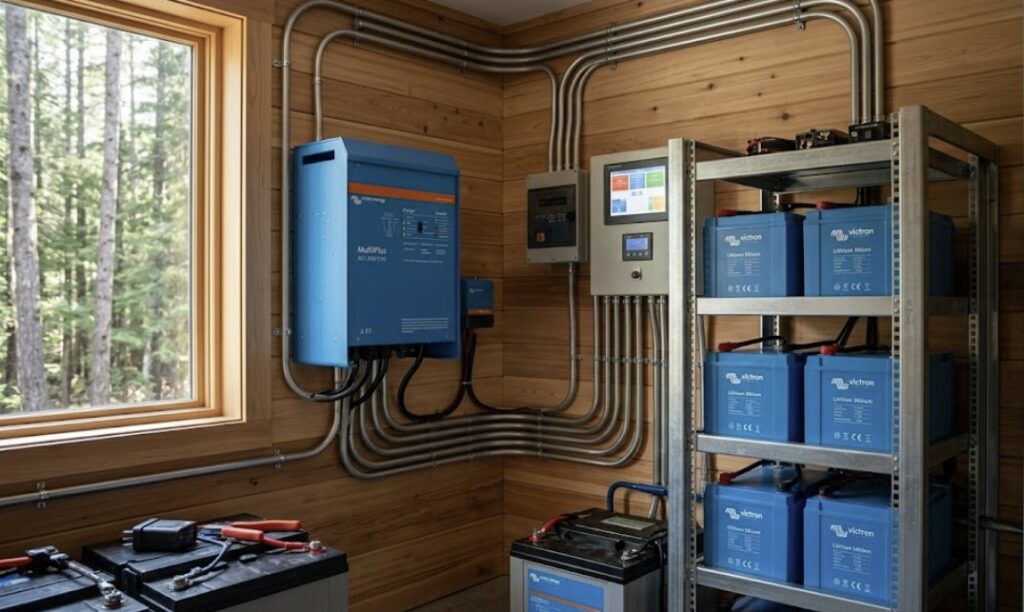 A professional installation of a blue Victron MultiPlus inverter and charger in an off-grid cabin.