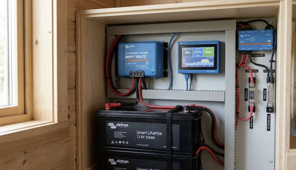 A complete Victron energy storage system featuring a SmartSolar controller connected to a lithium battery bank and a monitoring display, highlighting advanced integration of Victron vs Renogy charge controllers.