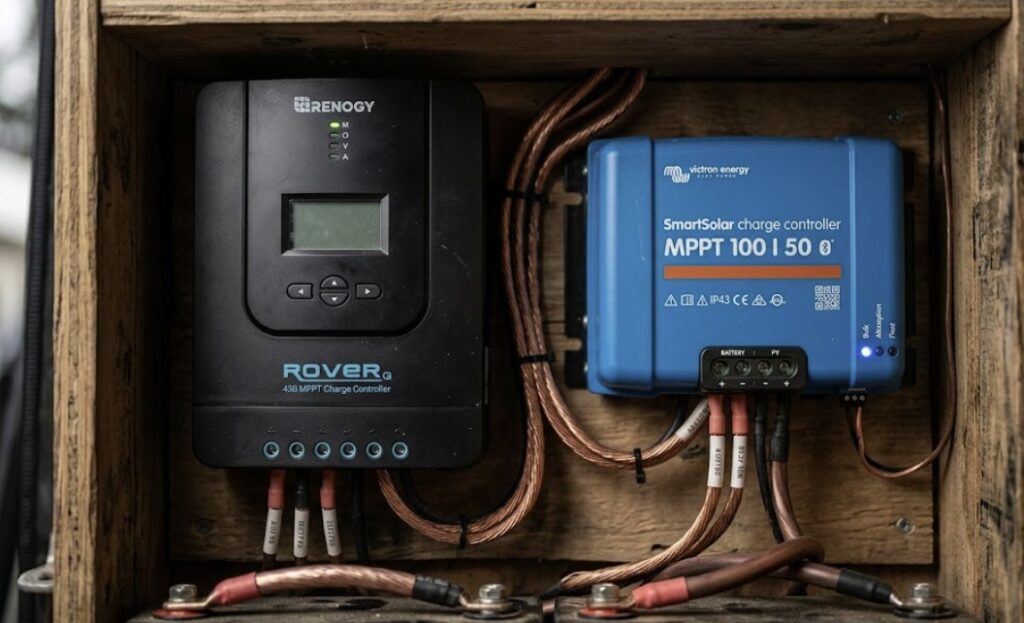 Victron SmartSolar MPPT and Renogy Rover MPPT charge controllers mounted on a solar power board.