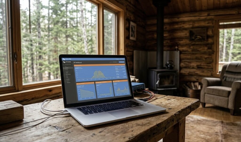 A laptop screen showing the Victron VRM dashboard with solar production and battery data.